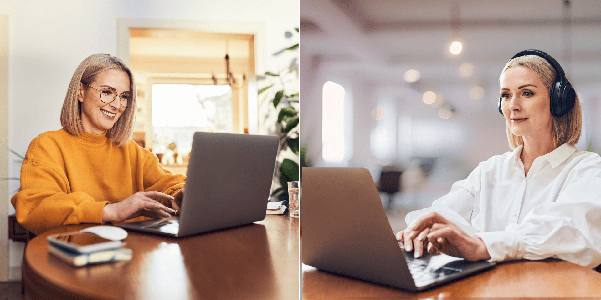 Woman in tech working remotely from home and in an office setting
