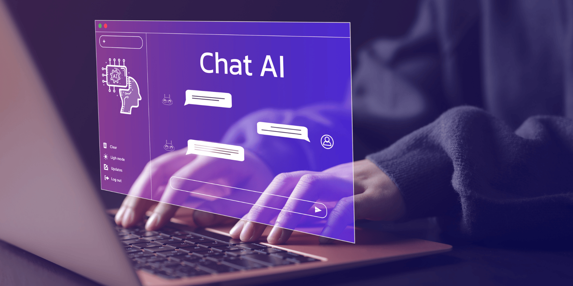 Hands typing on a laptop with a Chat AI interface, representing AI and women in tech and the opportunities and challenges of artificial intelligence.